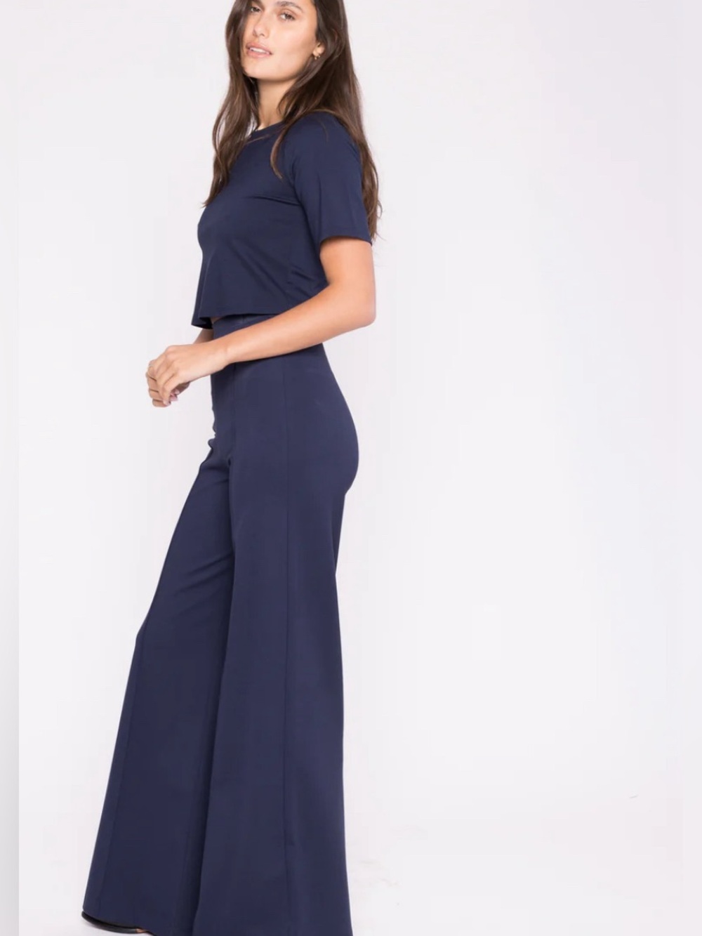 NAVY PONTE KNIT STANDARD WIDE LEG PANT - Picture 3 of 14